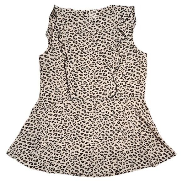 CAbi Top Flutter Blouse Ruffle Sleeveless Cheetah Animal Print Black Cream S - Picture 6 of 16